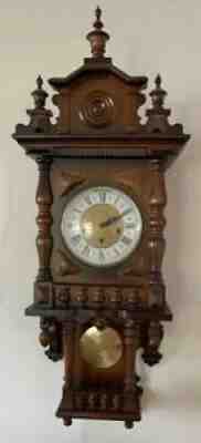 Vintage Western Germany Wall Triple Chime Clock, Walnut Case, Pendulum Movement