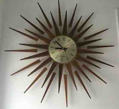 Vintage Seth Thomas Mid Century Sunburst Teak Wall Clock Retro Starburst 1960's