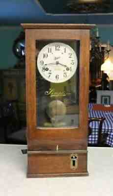 Antique Wall Simplex time recorder punch clock solid oak case all original
