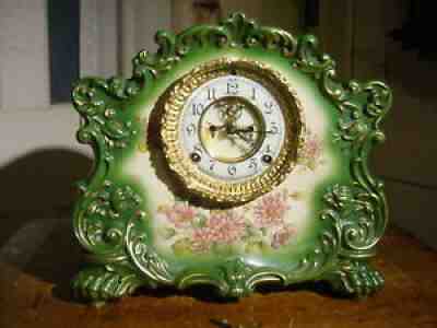 ANTIQUE ANSONIA 1901 "RUSTIC" PORCELAIN OPEN ESCAPEMENT MANTEL SHELF CLOCK