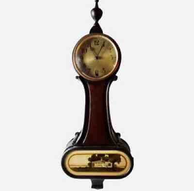 Antique New Haven Banjo Clock w/ Key Oval Reverse Painted Glass of Mt Vernon