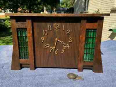 Antique Sessions Western Mission Mantel Shelf Clock Green Slag Glass Panels Runs