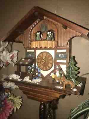 NICE GERMAN ANIMATED BEER DRINKER MUSICAL CUCKOO CLOCK WITH WATERWHEEL & DANCERS