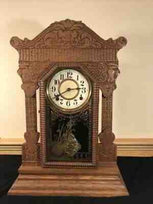 Antique 3206 Gilbert Gingerbread 8 Day Wind Up Clock Carved Lion Heads Oak Case