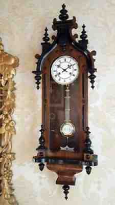 Antique striking Vienna regulator wall Clock by Junghans. Gothic walnut case.