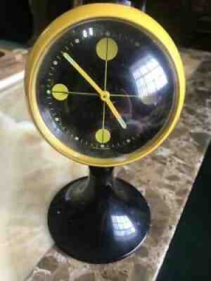 Vintage Yellow Black Alarm Clock Space Age BLESSING Germany Mechanical Wind Up