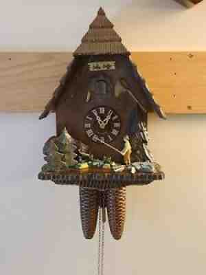 Authentic Black Forest German 8 Day Animated Cuckoo Clock Bear And Fisherman