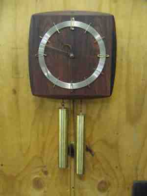 Mid Century Rosewood Eimepar Denmark Chiming Wall Clock Brass Weights 12" x 12"