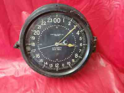 Unusual Large Chelsea Navy 24 Hour WWII Black Dial Ships Clock