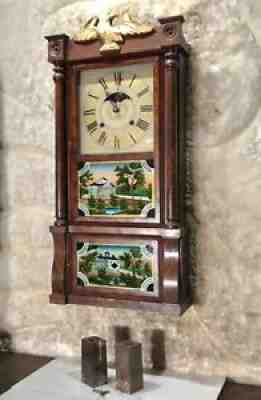 1846 ANTIQUE USA BIRGE MALLORY & CO ,STRIKE WALL 8 DAY OG CLOCK,2 WEIGHTS DRIVEN