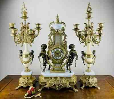 Antique Style Mantel Clock Garniture Candelabra by Imperial Lancini Franz Hermle