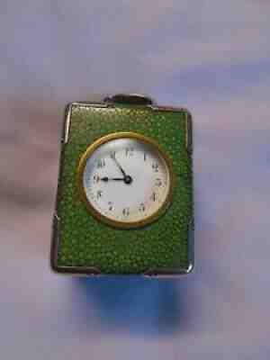 ANTIQUE MINIATURE DROCOURT SHAGREEN CARRIAGE CLOCK + KEY IN GOOD WORKING ORDER