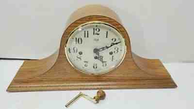 BEAUTIFUL SLIGH FRANZ HERMLE KEY WIND WESTMINSTER CHIME OAK MANTEL CLOCK WORKS