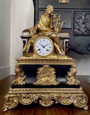 Large Antique French Bronze & Slate Stone Clock Dedicated to Petrarch