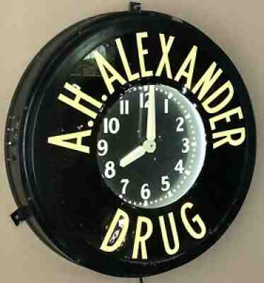 HISTORIC ~ NEON ADVERTISING DRUGSTORE CLOCK ~ RUNNING AND LIGHTING ~ NO RES!!