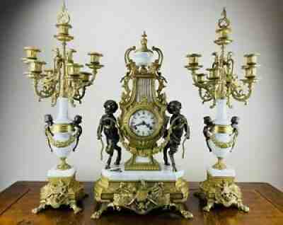 Antique Style Mantel Clock Garniture Candelabra by Imperial Lancini Franz Hermle
