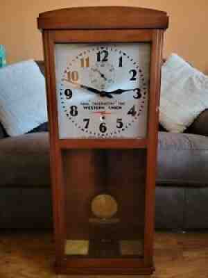 SELF WINDING CLOCK COMPANY WOODEN CASE WALL 80 BEAT PENDULUM WESTERN UNION NAVAL