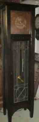 MISSION DARK OAK GRANDFATHER CLOCK WITH LEADED FRONT DOOR ARTS AND CRAFTS