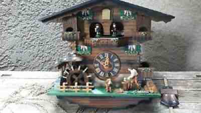 Antique Swiss Reuge Musical Hand Carved Wood Cuckoo Clock 3 Weight Germany