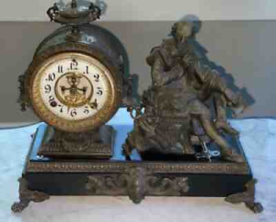 ANTIQUE 1881 ANSONIA ORNATE "Shakespeare" FIGURAL BRONZE MANTEL CLOCK