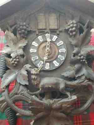 RARE Antique LARGE Black Forest Cuckoo Clock Germany Grapes Fox Double Door 25"