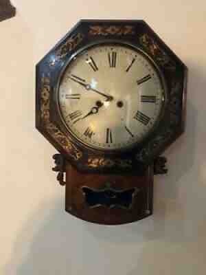 Antique Victorian Wall Clock Large Face With Brass Inlays Fusee Mechanism C-1850