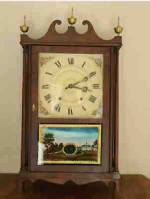 Rare 1825 Mark Leavenworth Pillar & Scroll Clock w Reverse Glass Painting & Key