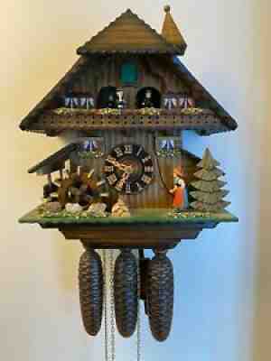 Antique Swiss Reuge Musical Hand Carved Wood Cuckoo Clock 3 Weight Germany