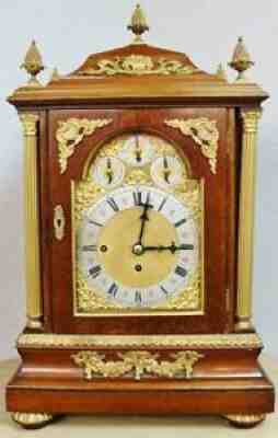 Antique English Mahogany & Bronze Triple Fusee 8/4 Bell Musical Bracket Clock