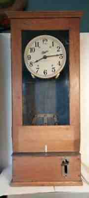 Antique Simplex time recorder punch clock solid oak case