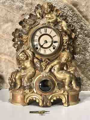 1859 Vintage Antique USA Waterbury STRIKE CLOCK,CAST METAL Angel FIGURAL