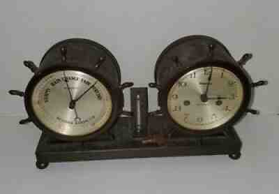 Waterbury 8 Day Ship Clock 1910 Brass Barometer & Thermometer Yacht Club Wheel