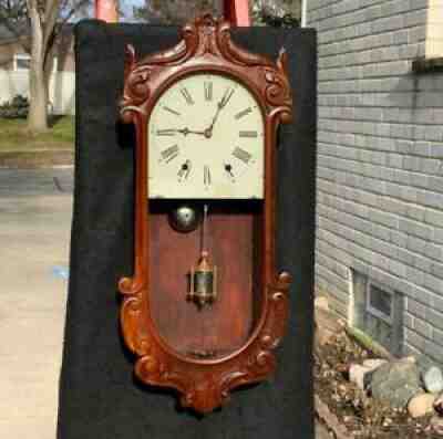 Antique Jerome Anglo American Carved Wall Regulator Clock Painted Dial Original