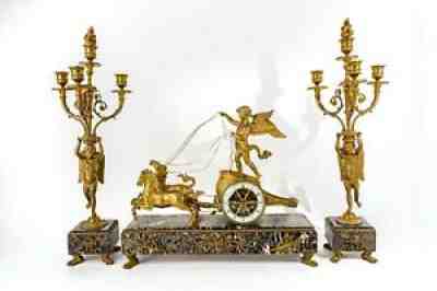 Empire Ormolu & Verde Antico Chariot Mantel Clock Set, France 1810