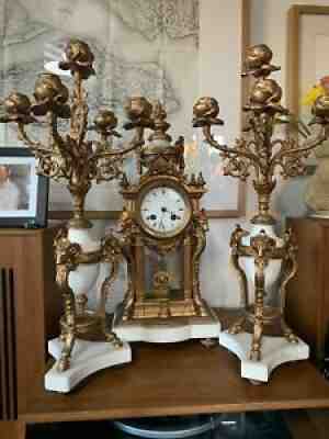 Large Antique 19th Century French Garniture Clock Set by Adolphe Mougin