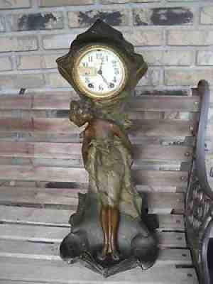 ANTIQUE 1910 RARE SETH THOMAS HEAVY METAL CLOCK LADY DRAGONFLY NOT WORKING TANYA