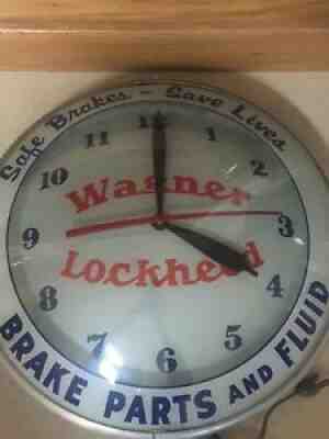 Vintage Wagner Lockheed Brake Parts double bubble wall clock lighted WORKS! 15â?