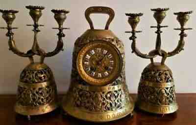 French Ormolu Bronze Mantel Clock Garniture in Form of Church Bells.