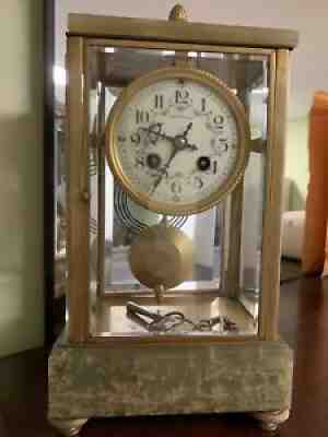 TIFFANY & JADE OR ONYX Crystal Mantel Clock w/ Pendulum Works 1889 FRANCE