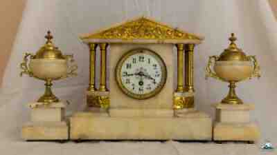 Neoclassical Japy Freres & Cie Medaille d'honneur Gilt Marble Mantel Clock Set
