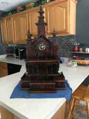 Amazing 34" Tall Wooden Mantle Cuckoo Style Church Temple Building Clock