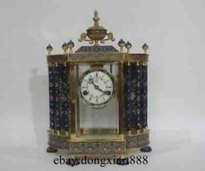 European Retro Bronze Cloisonne Enamel Bell Tower Mechanical Swing Table Clock