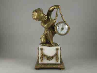 ANTIQUE FRENCH "CHERUB FIGURINE with DRUM" MANTLE CLOCK, ORMOLU & MARBLE, 1809