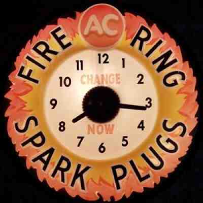 Vintage AC Delco Fire Ring Spark Plugs Lighted Clock Light Sign Dealer OK GM