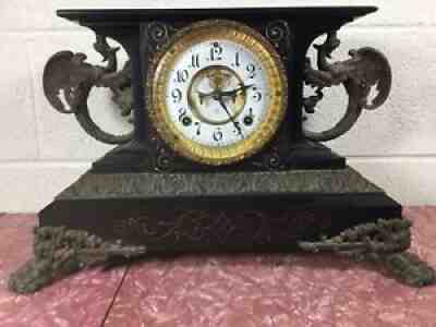 ANTIQUE WORKING GOTHIC ANSONIA BELGIUM CAST IRON MANTEL CLOCK