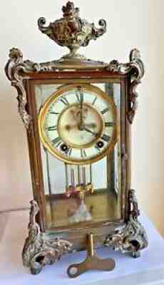 Antique Ansonia Marquis Mantle Clock Crystal Regulator Pendulum Key Works Well