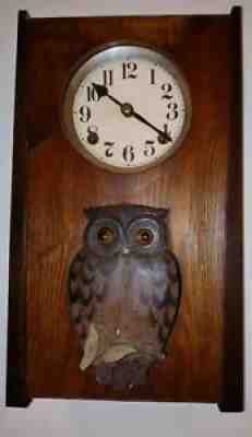 ANTIQUE 1920's JAPANESE ANIMATED OWL MOVING EYES TIME & STRIKE BOX WALL CLOCK