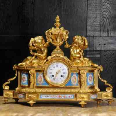 LARGE ANTIQUE FRENCH ORMOLU AND SEVRES PORCELAIN CLOCK CHERUBS STUNNING 1850