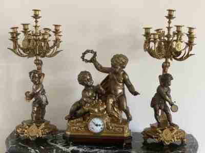 Italian Clock Bronze and Candelabras