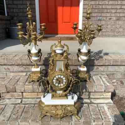 Vintage Italian Mantel Clock Cherub Candelabra Set Brass Bronze Lancini? FHS